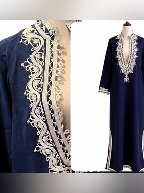 Vintage Navy Blue Dress with White Embroidered Trim